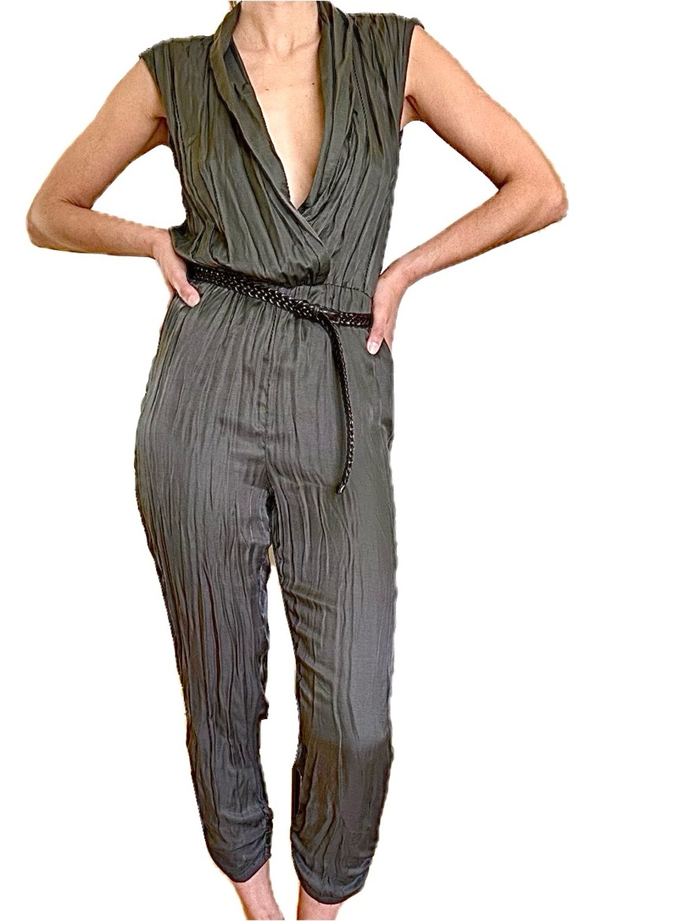 Forever 21 Olive Green Sleeveless Draped V-Neck Jumpsuit with Braided Belt
